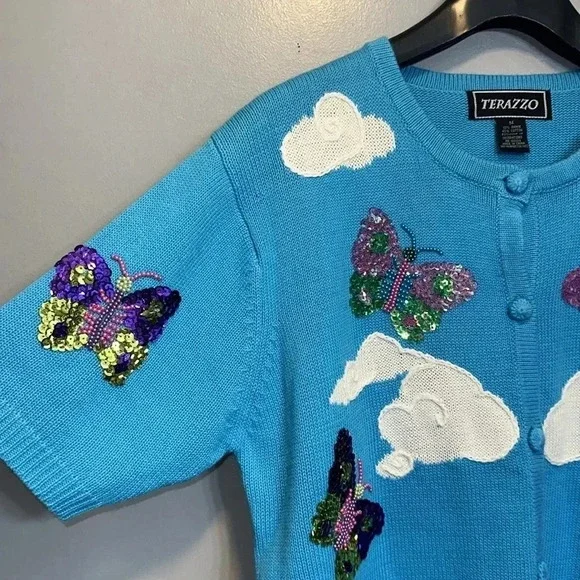 TERAZZO Women’s Vintage Fully Embellished S/S Sweater MED 55% Ramie 45% Cotton - Picture 3 of 8